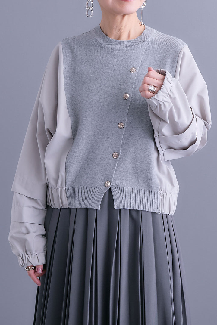 【SET】タックスリーブシャツニットコンビプルオーバー+ダブルプリーツロングスカート(2set)