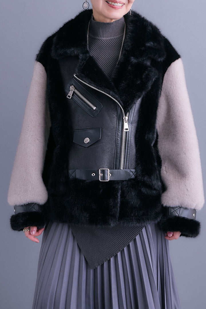 【SET】アシンメトリーオーバーニット+ライダースドッキングエコファージャケット+アシンメトリープリーツスカート(3set)