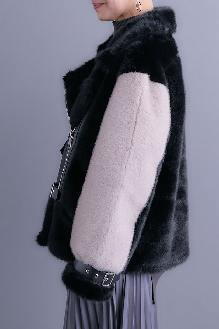 【SET】アシンメトリーオーバーニット+ライダースドッキングエコファージャケット+アシンメトリープリーツスカート(3set)