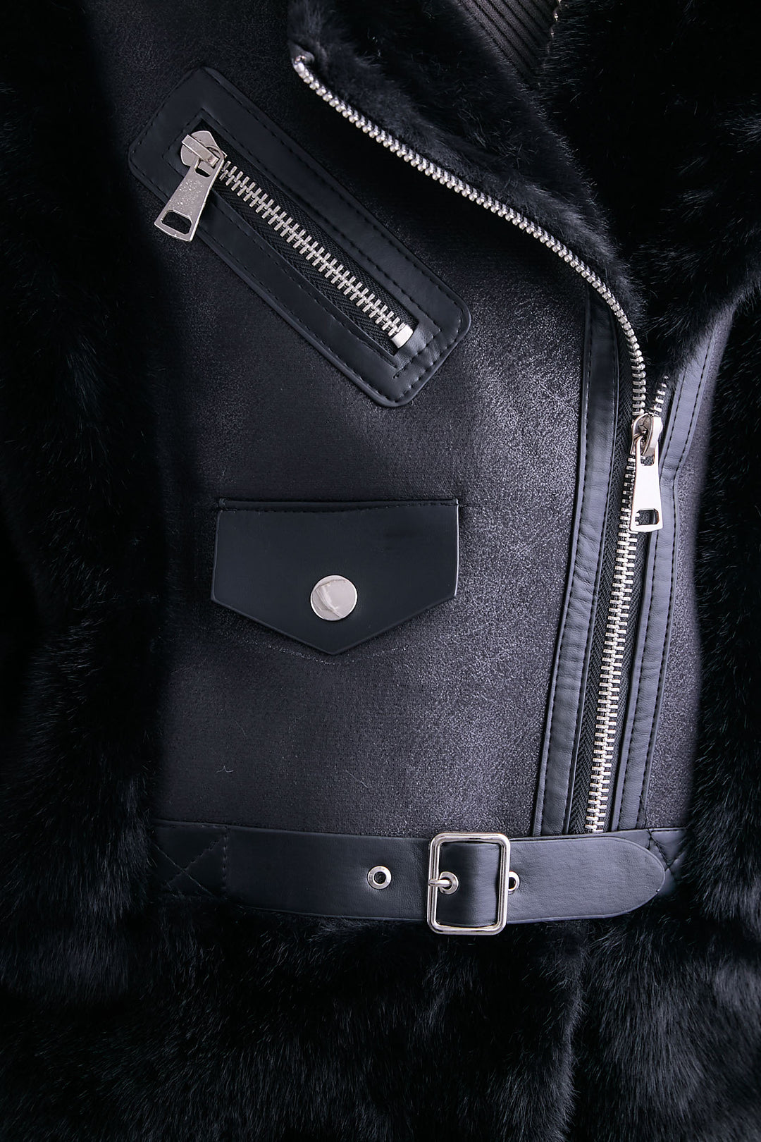 【SET】アシンメトリーオーバーニット+ライダースドッキングエコファージャケット+アシンメトリープリーツスカート(3set)