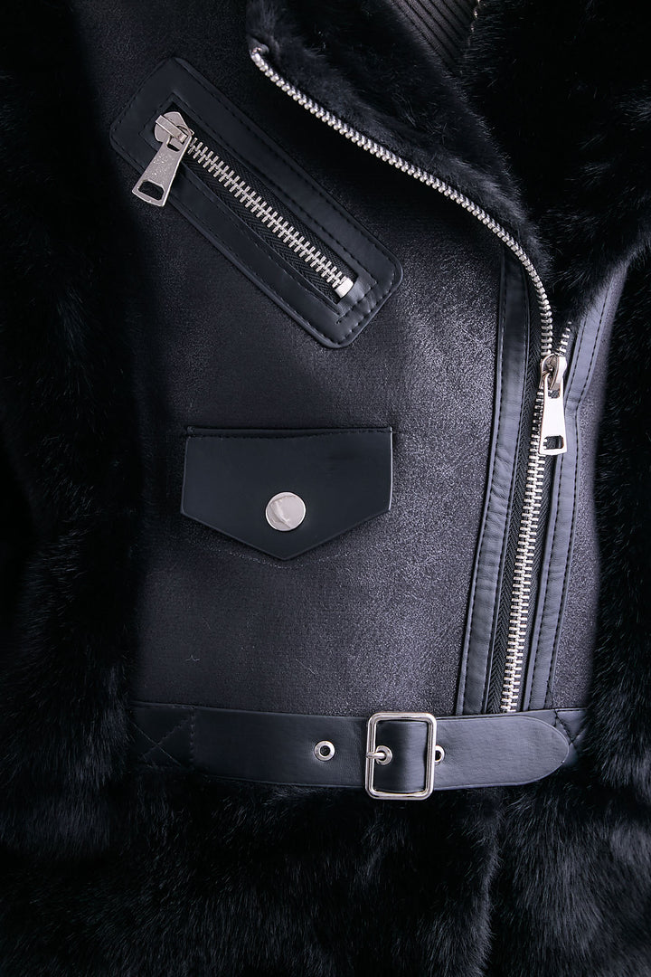 【SET】アシンメトリーオーバーニット+ライダースドッキングエコファージャケット+アシンメトリープリーツスカート(3set)