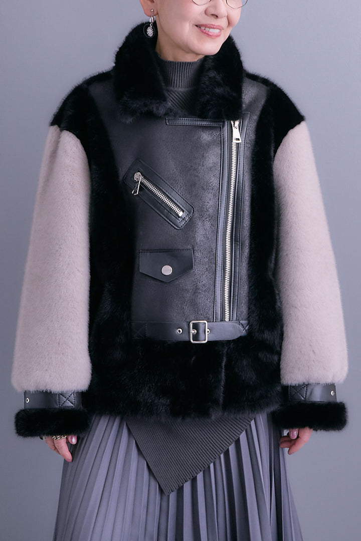 【SET】アシンメトリーオーバーニット+ライダースドッキングエコファージャケット+アシンメトリープリーツスカート(3set)