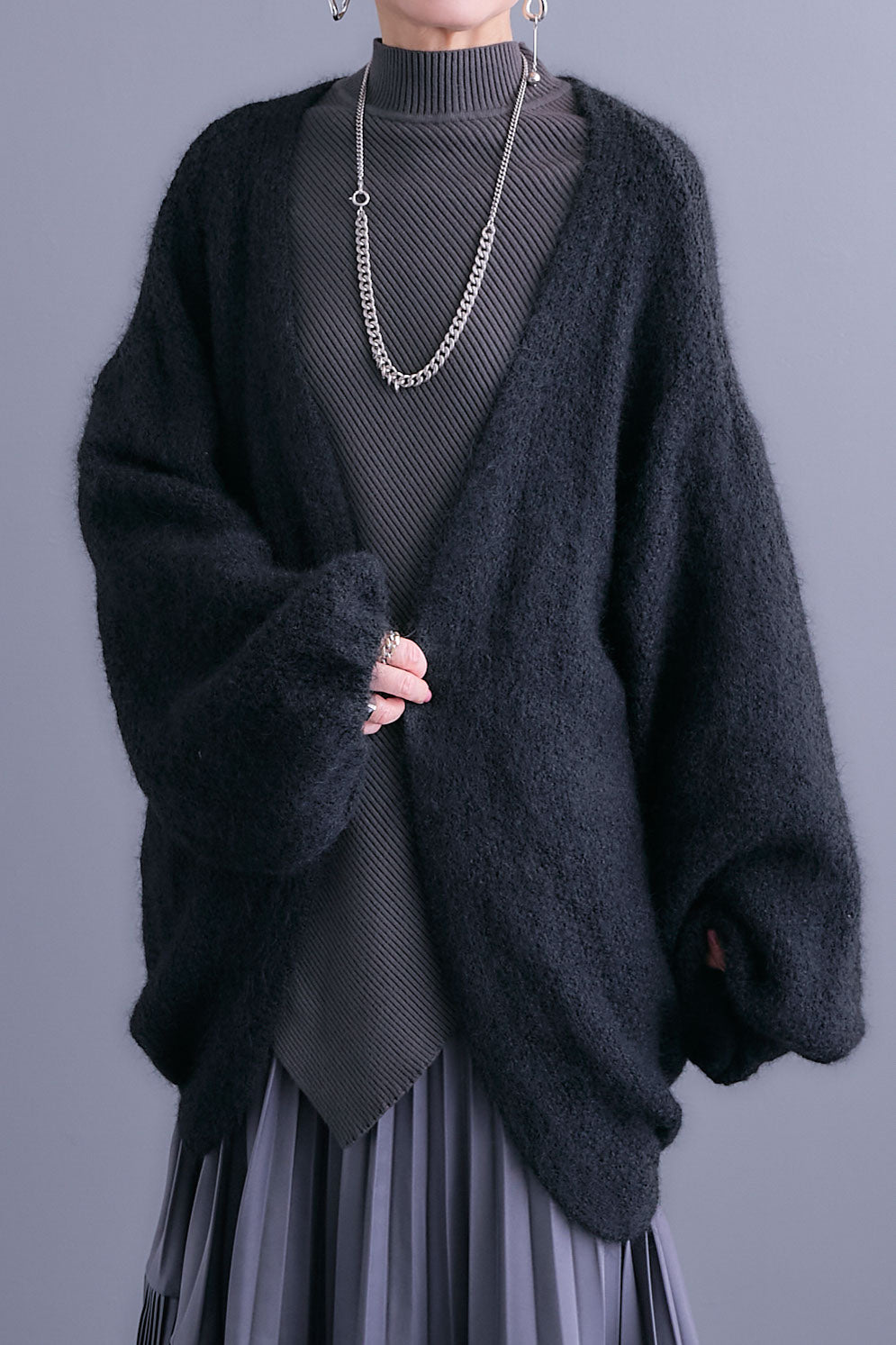 【SET】アシンメトリーオーバーニット+ボリュームスリーブニットカーディガン+アシンメトリープリーツスカート(3set)