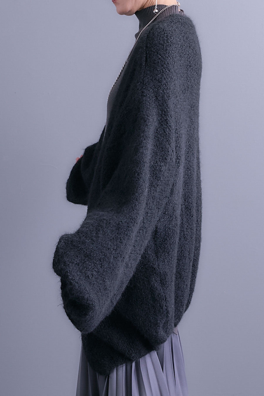 【SET】アシンメトリーオーバーニット+ボリュームスリーブニットカーディガン+アシンメトリープリーツスカート(3set)