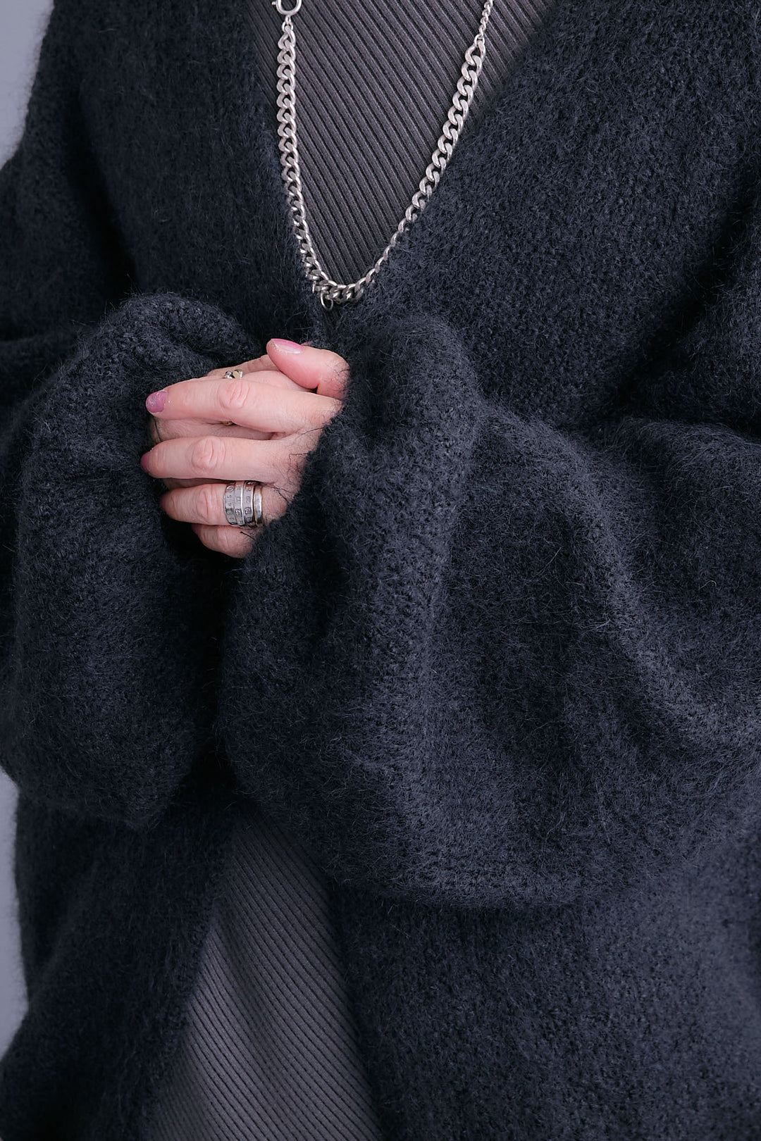 【SET】アシンメトリーオーバーニット+ボリュームスリーブニットカーディガン+アシンメトリープリーツスカート(3set)