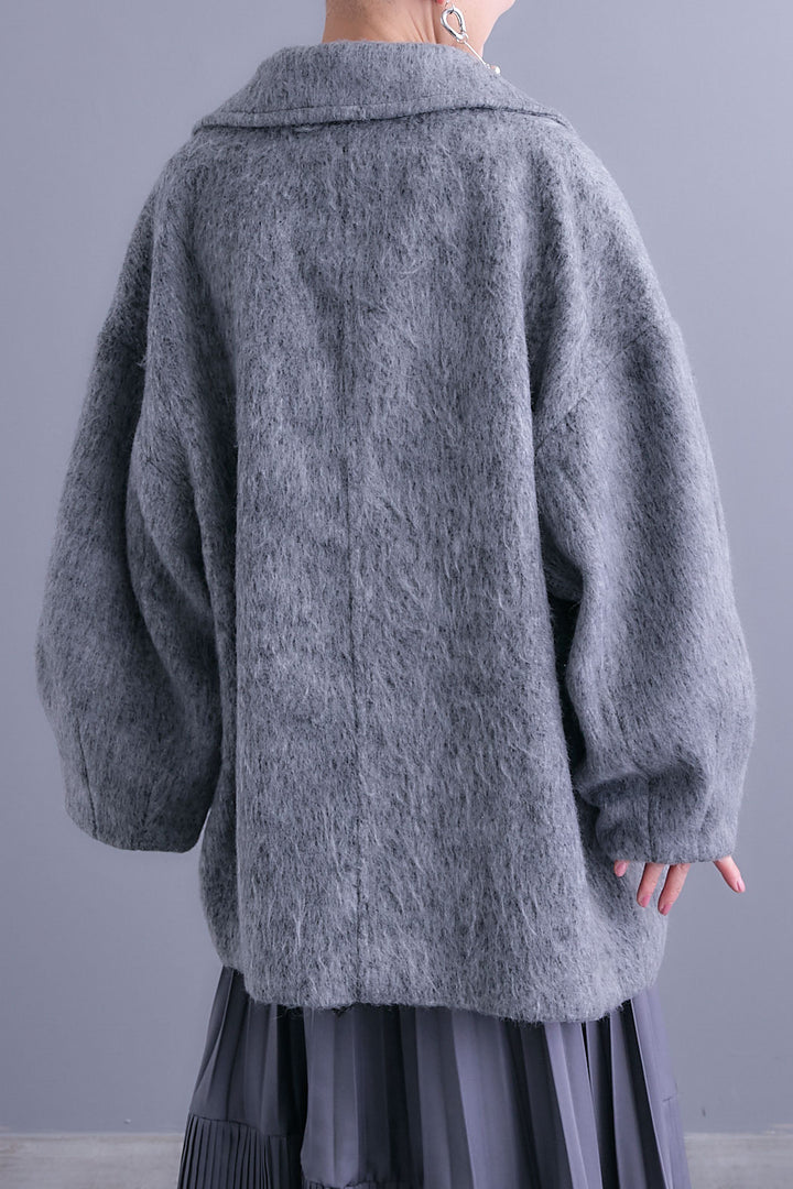 【SET】アシンメトリーオーバーニット+ワイドラペルコクーンスリーブシャギーコート+アシンメトリープリーツスカート(3set)