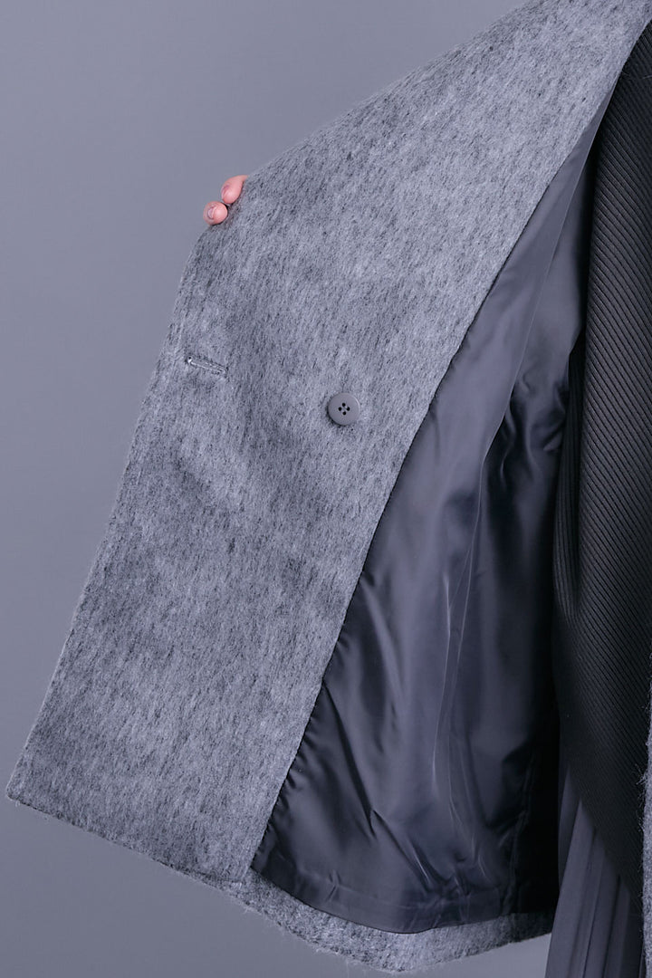 【SET】アシンメトリーオーバーニット+ワイドラペルコクーンスリーブシャギーコート+アシンメトリープリーツスカート(3set)