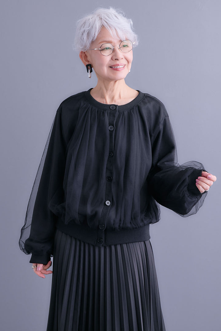 【予約】ノーカラーチュールレイヤードカーディガン