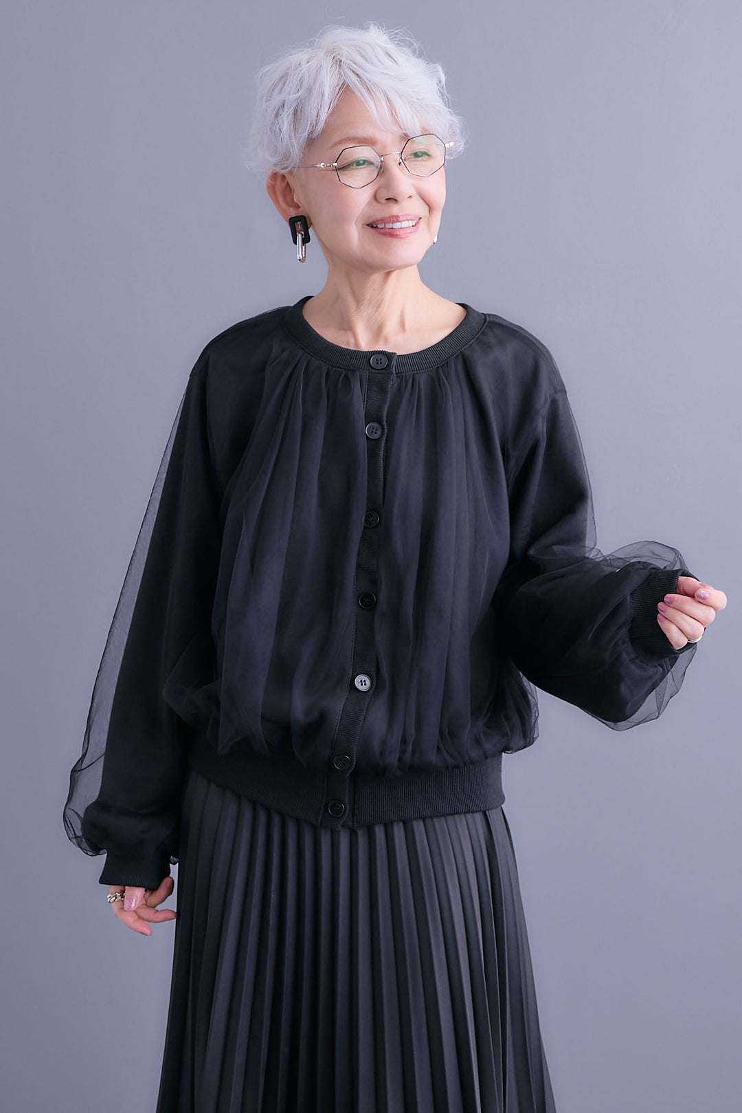 【SET】ノーカラーチュールレイヤードカーディガン+アシンメトリープリーツスカート(2set)