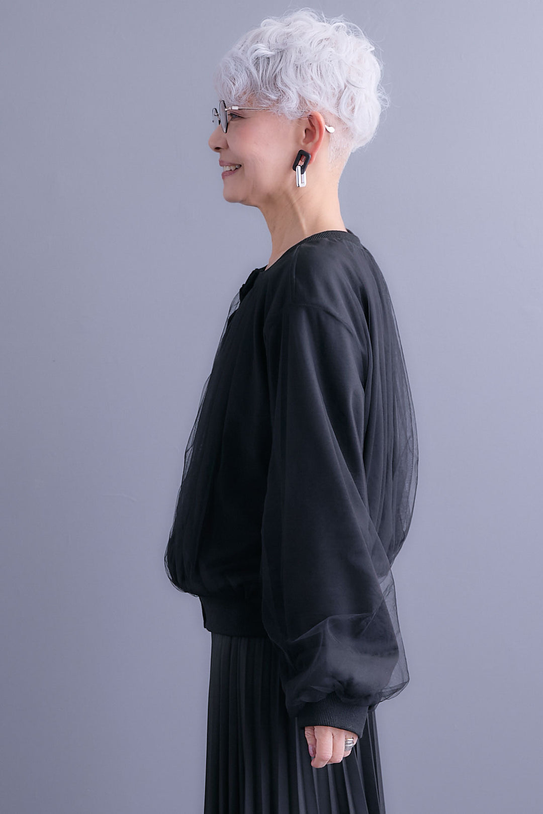 【SET】ノーカラーチュールレイヤードカーディガン+アシンメトリープリーツスカート(2set)