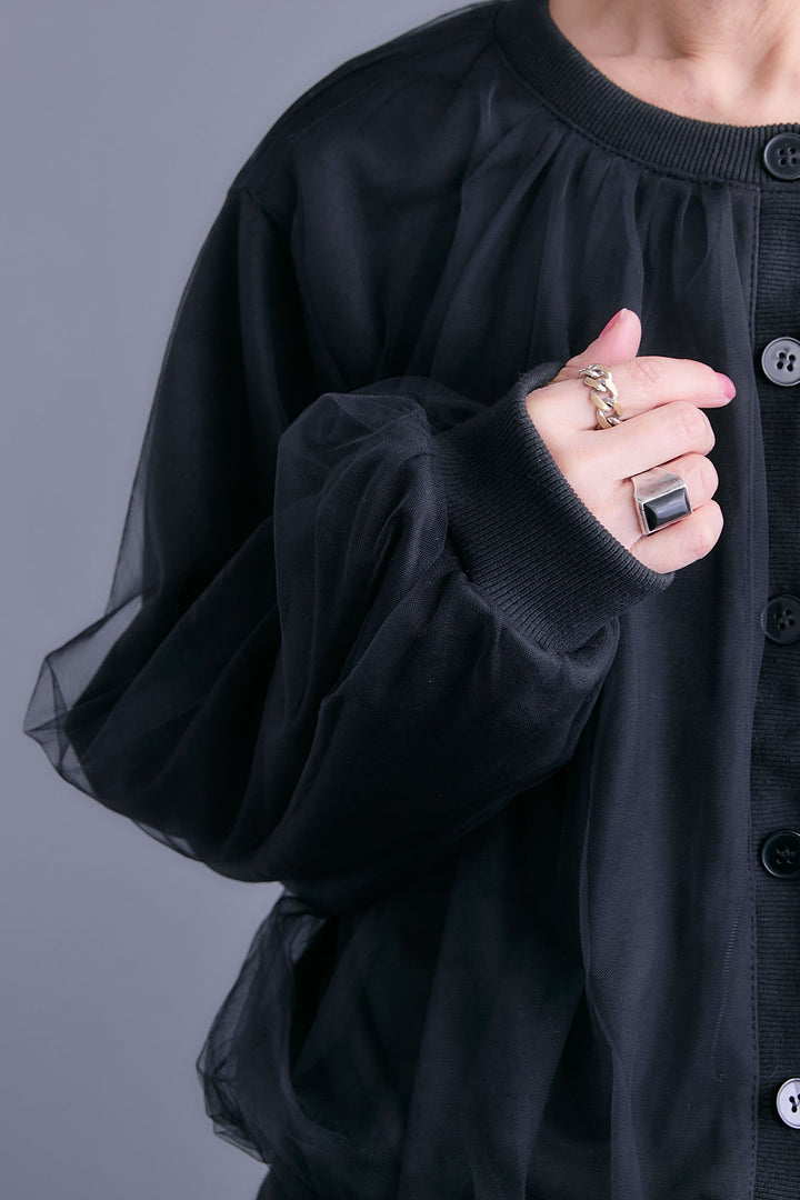 【SET】ノーカラーチュールレイヤードカーディガン+アシンメトリープリーツスカート(2set)