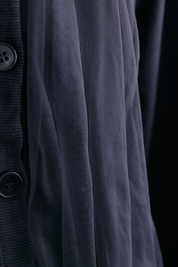 【SET】ノーカラーチュールレイヤードカーディガン+アシンメトリープリーツスカート(2set)