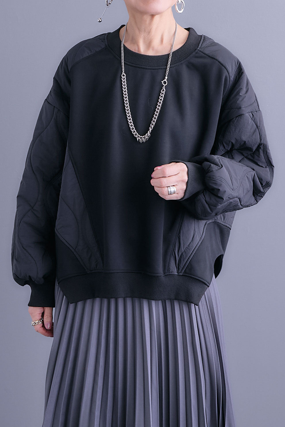 【SET】キルティングドッキングデザインプルオーバー+アシンメトリープリーツスカート(2set)