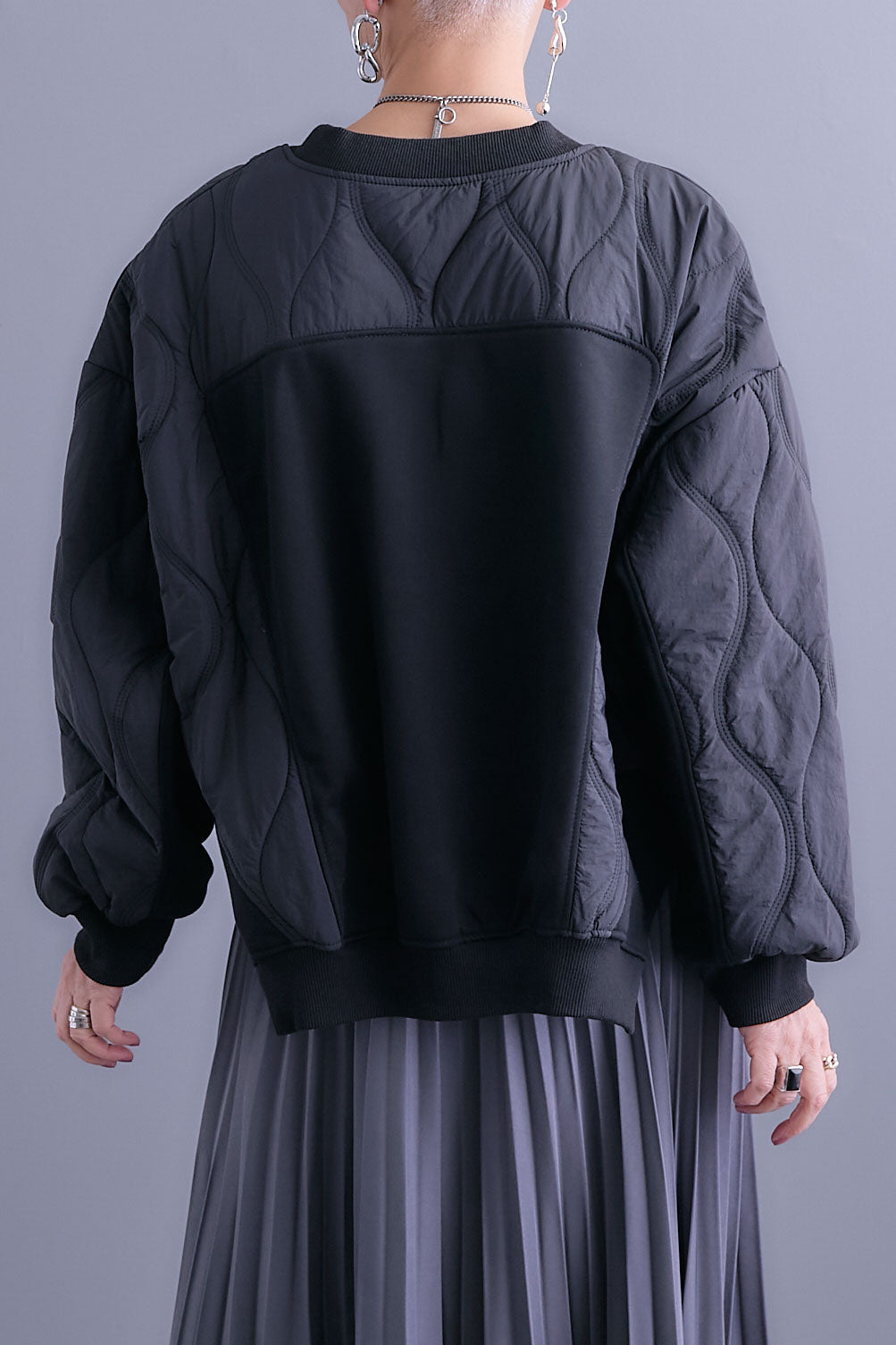 【SET】キルティングドッキングデザインプルオーバー+アシンメトリープリーツスカート(2set)