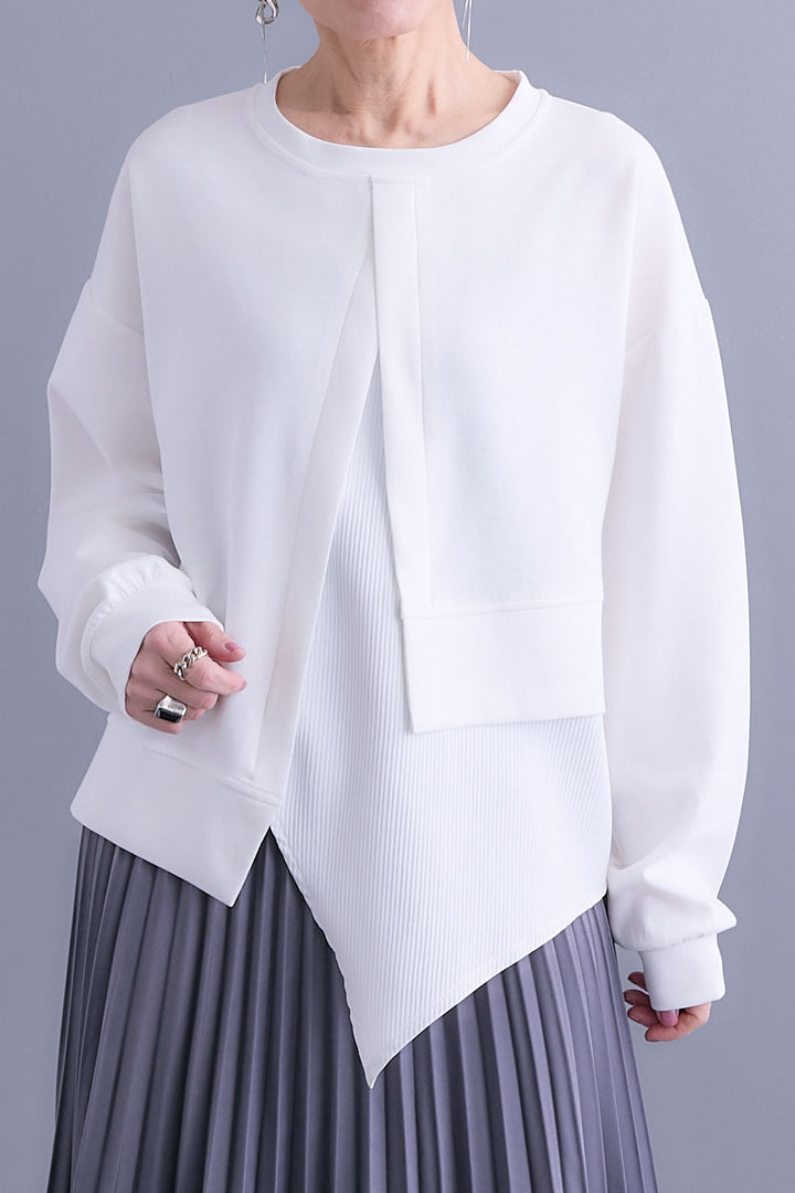 【SET】レイヤードデザインアシンメトリープルオーバー+アシンメトリープリーツスカート(2set)