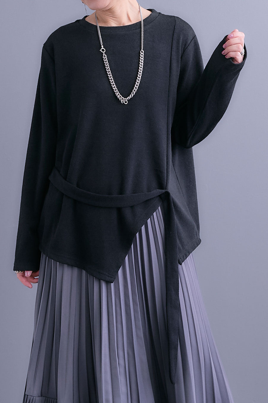 【SET】ウエストベルトアシンメトリーニットトップス+アシンメトリープリーツスカート(2set)