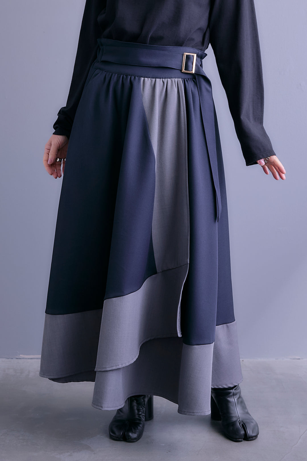 【SET】アシンメトリードレープレイヤードニット+ツートーンアシメラップフレアスカート(2set)