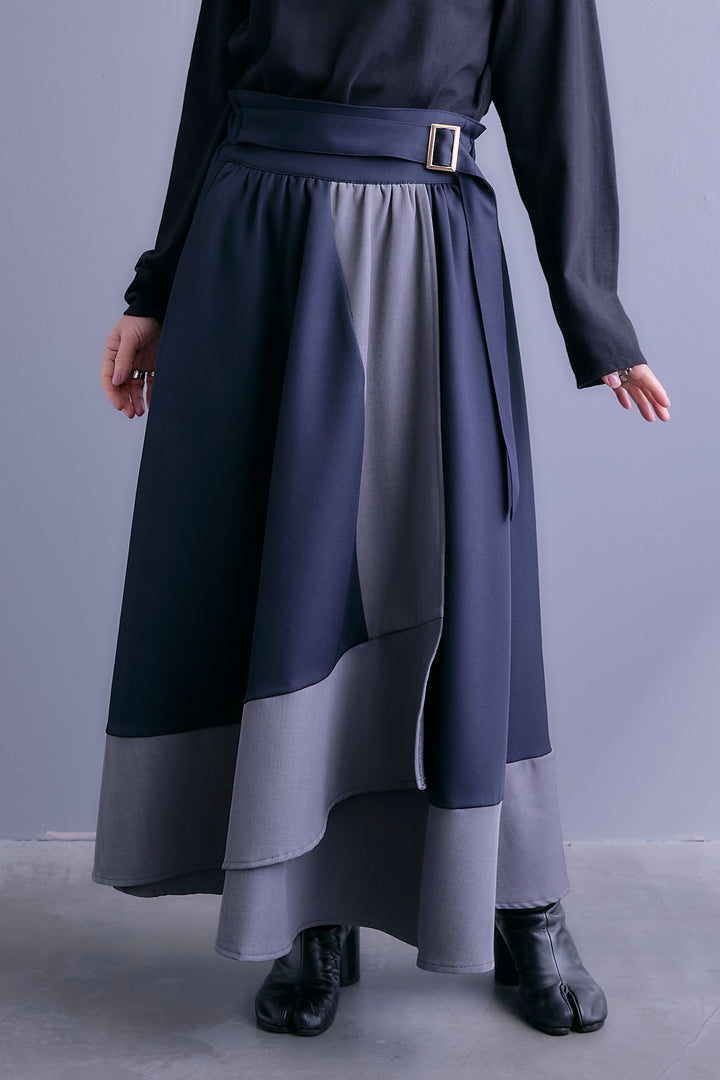 【SET】アシンメトリードレープレイヤードニット+ツートーンアシメラップフレアスカート(2set)