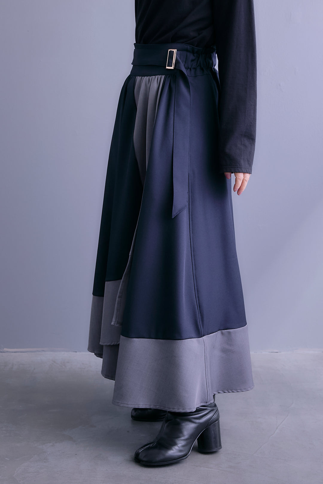 【SET】アシンメトリードレープレイヤードニット+ツートーンアシメラップフレアスカート(2set)