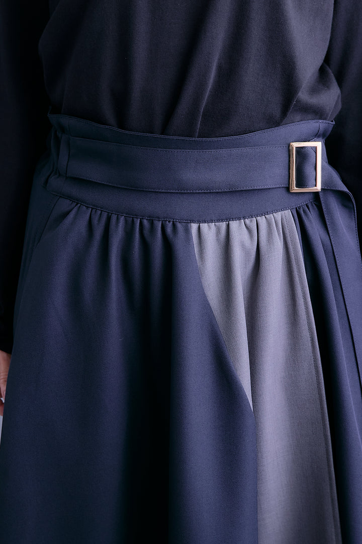 【SET】アシンメトリードレープレイヤードニット+ツートーンアシメラップフレアスカート(2set)