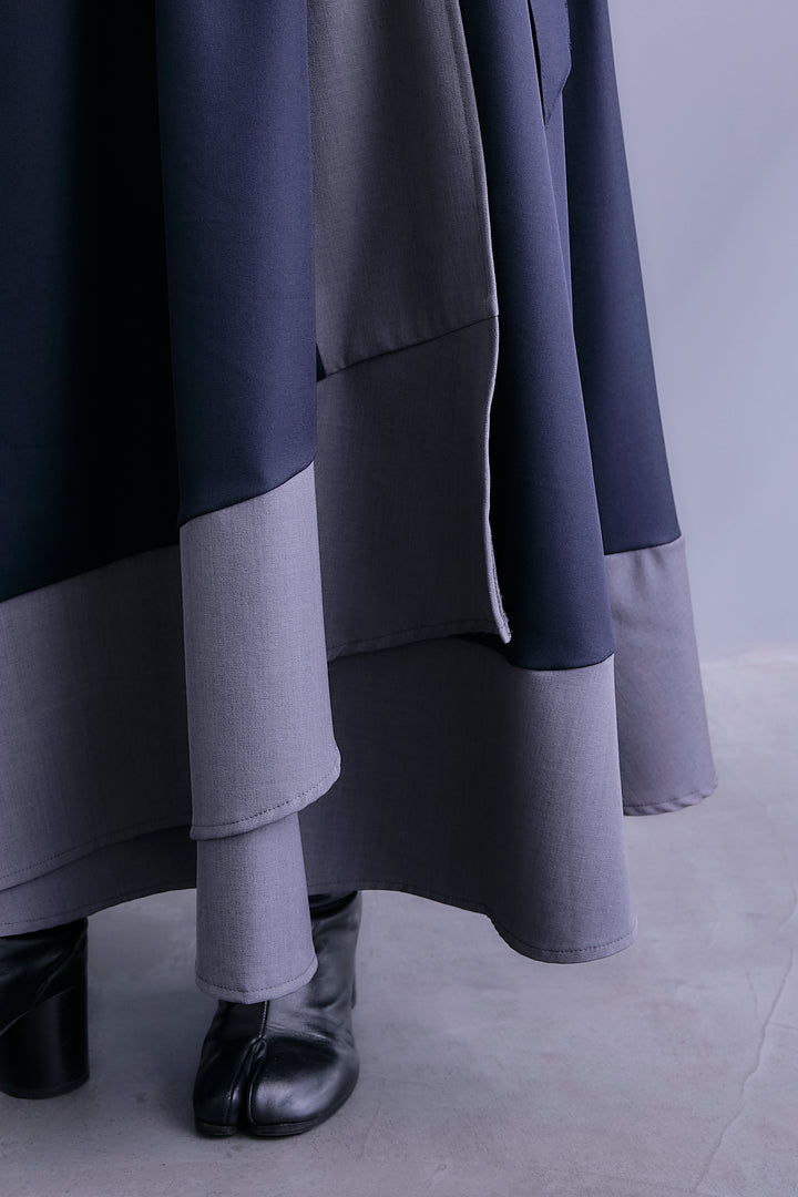 【SET】アシンメトリードレープレイヤードニット+ツートーンアシメラップフレアスカート(2set)