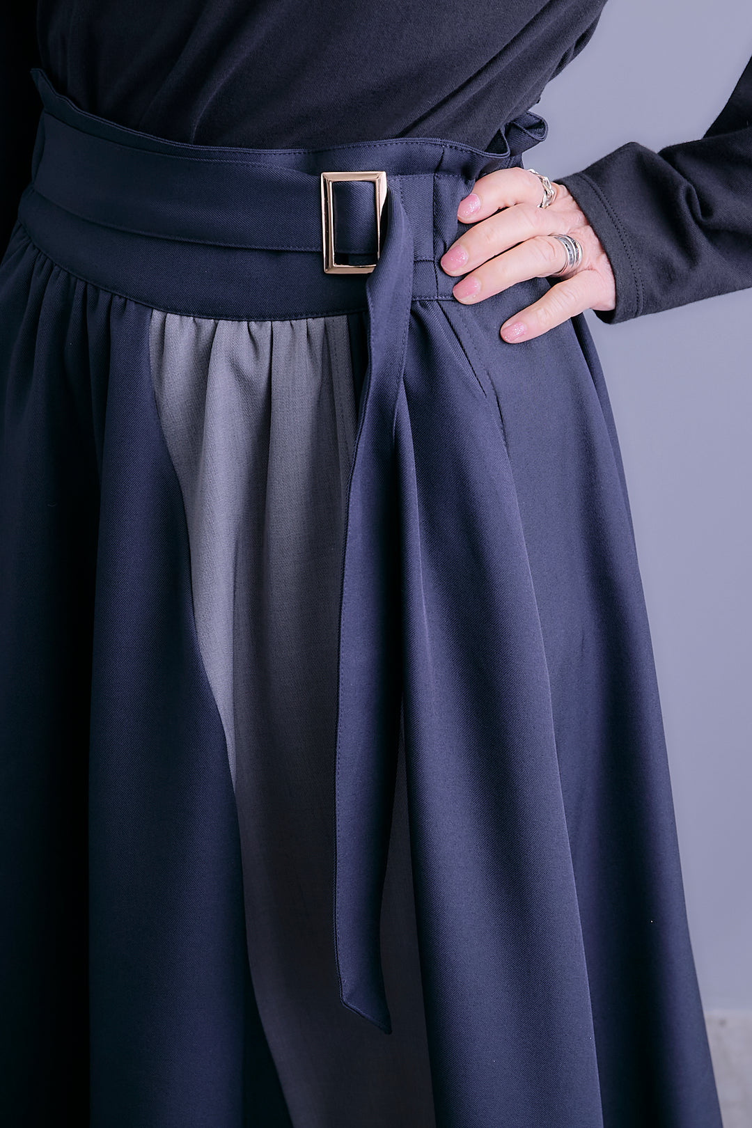 【SET】アシンメトリードレープレイヤードニット+ツートーンアシメラップフレアスカート(2set)