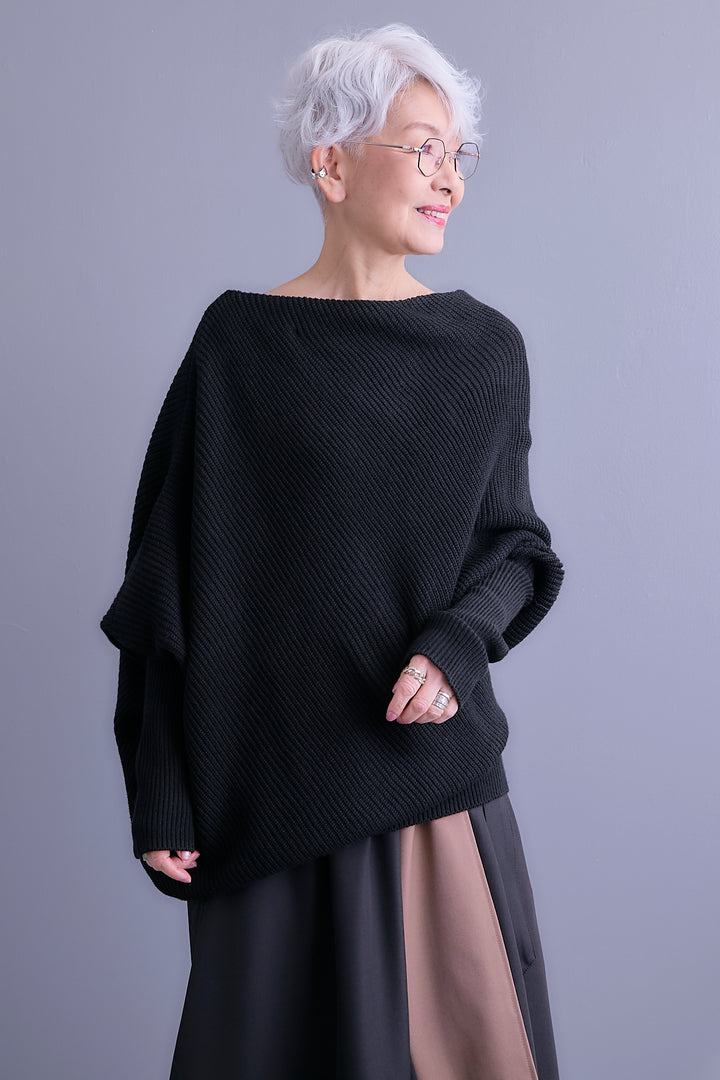 【SET】アシンメトリーボートネックドルマンニット+ルーズロングプリーツスカート(2set)