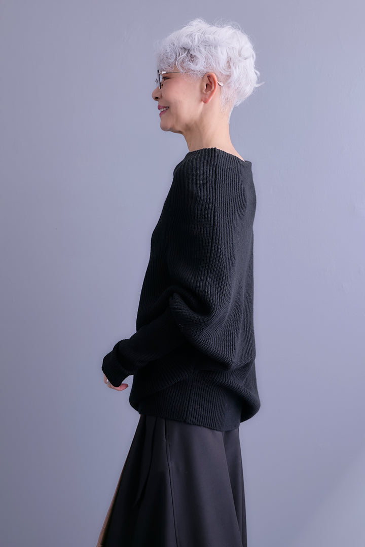 【SET】アシンメトリーボートネックドルマンニット+ルーズロングプリーツスカート(2set)