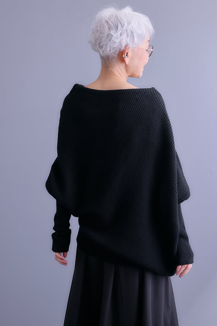 【SET】アシンメトリーボートネックドルマンニット+ルーズロングプリーツスカート(2set)