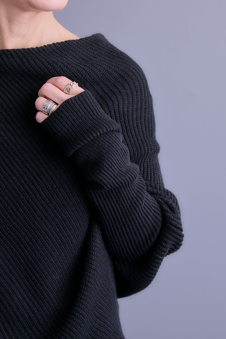 【SET】アシンメトリーボートネックドルマンニット+ルーズロングプリーツスカート(2set)