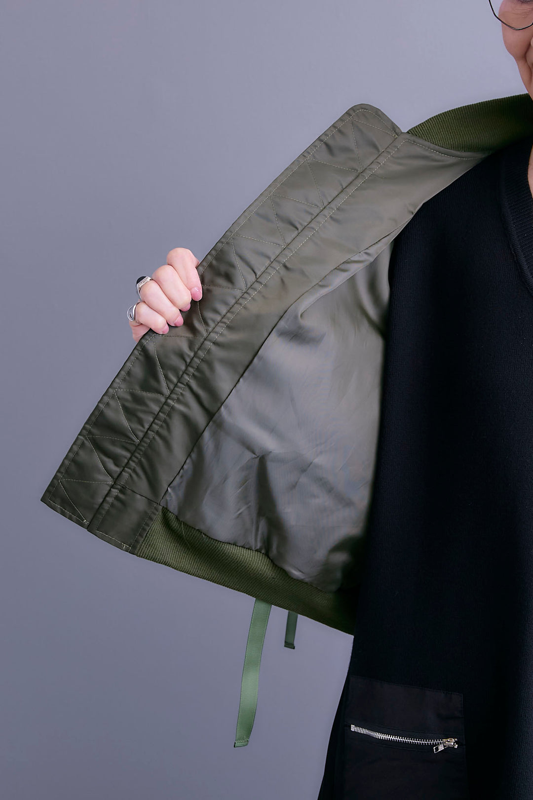 【SET】エコレザーシャーリングスリーブMA-1ブルゾン+ジャガードニットコンビワンピース(2set)