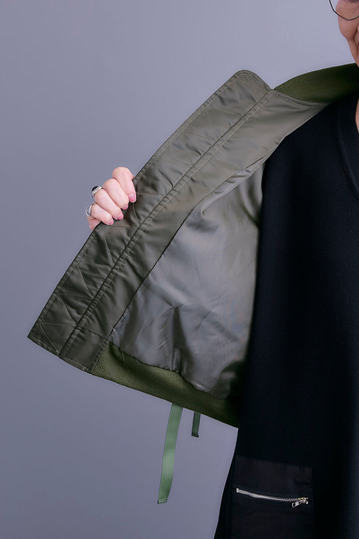 【SET】エコレザーシャーリングスリーブMA-1ブルゾン+ジャガードニットコンビワンピース(2set)