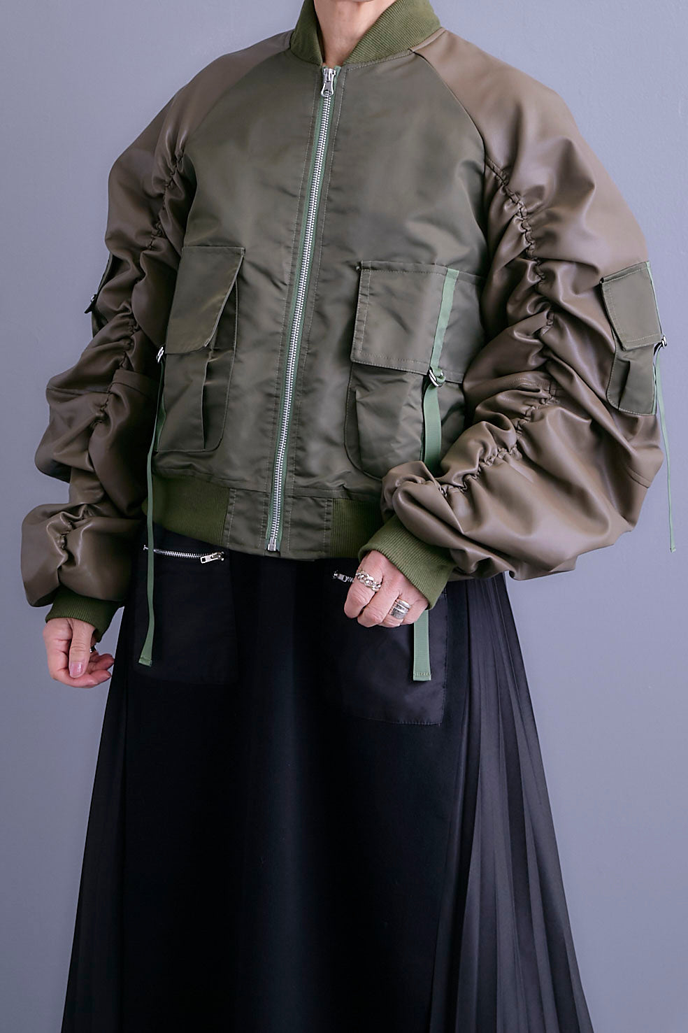 【SET】エコレザーシャーリングスリーブMA-1ブルゾン+ジャガードニットコンビワンピース(2set)