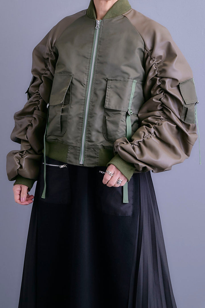 【SET】エコレザーシャーリングスリーブMA-1ブルゾン+ジャガードニットコンビワンピース(2set)