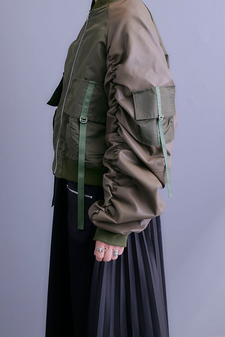 【SET】エコレザーシャーリングスリーブMA-1ブルゾン+ジャガードニットコンビワンピース(2set)