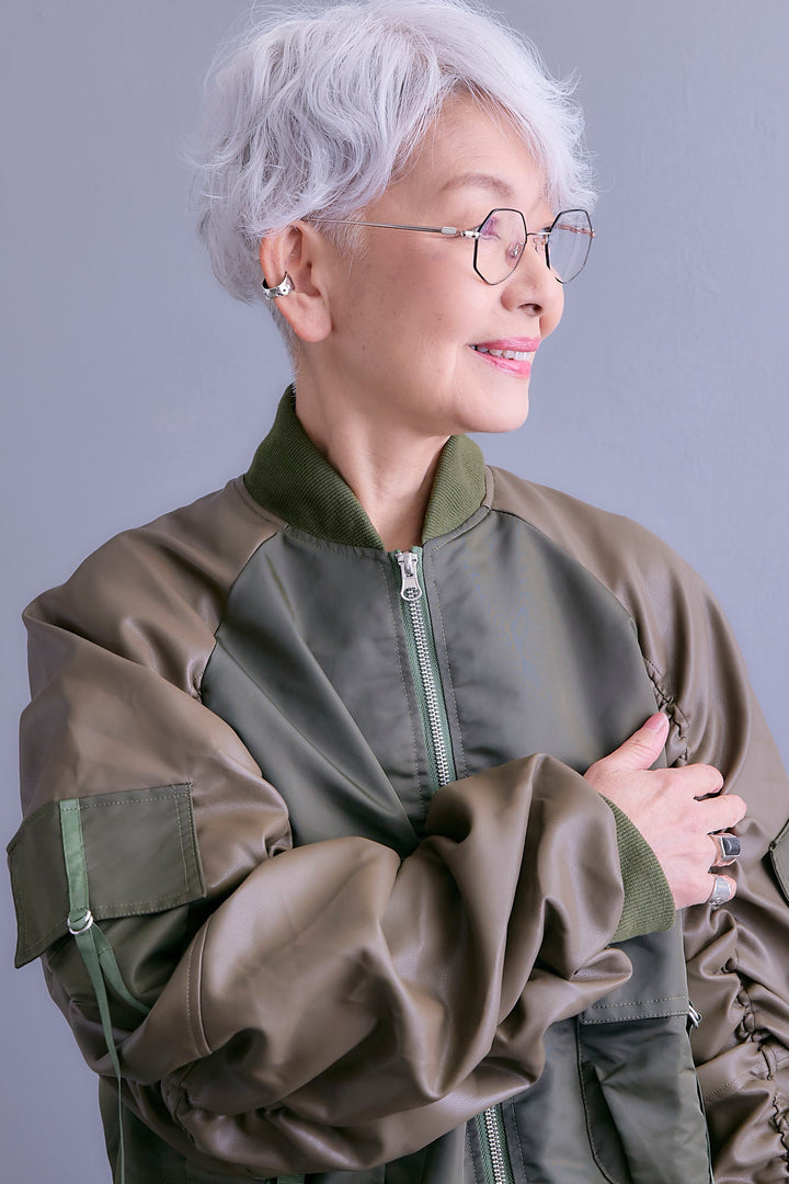 【SET】エコレザーシャーリングスリーブMA-1ブルゾン+ジャガードニットコンビワンピース(2set)