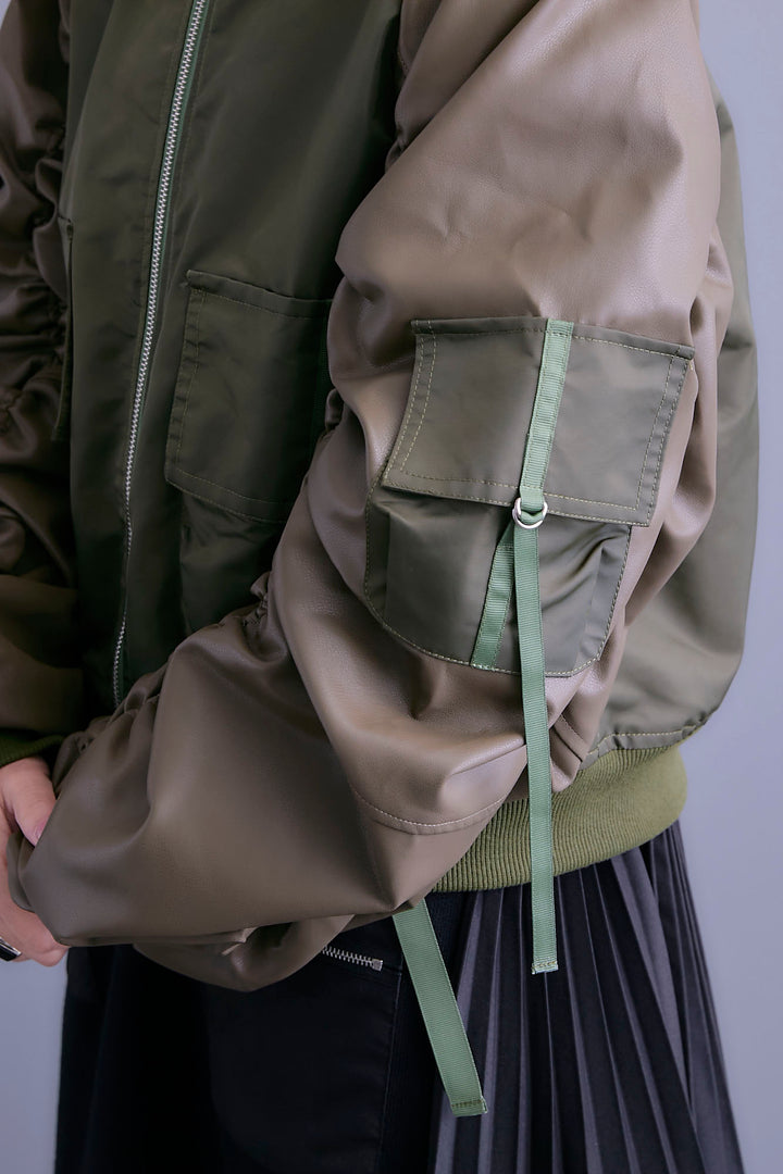 【SET】エコレザーシャーリングスリーブMA-1ブルゾン+ジャガードニットコンビワンピース(2set)