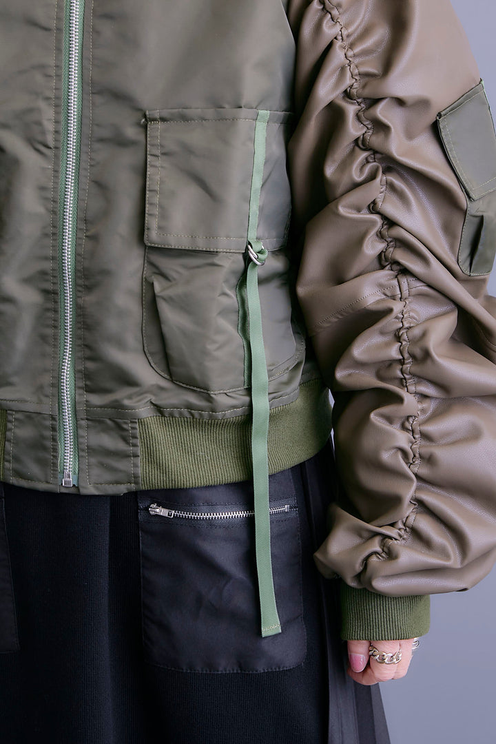 【SET】エコレザーシャーリングスリーブMA-1ブルゾン+ジャガードニットコンビワンピース(2set)