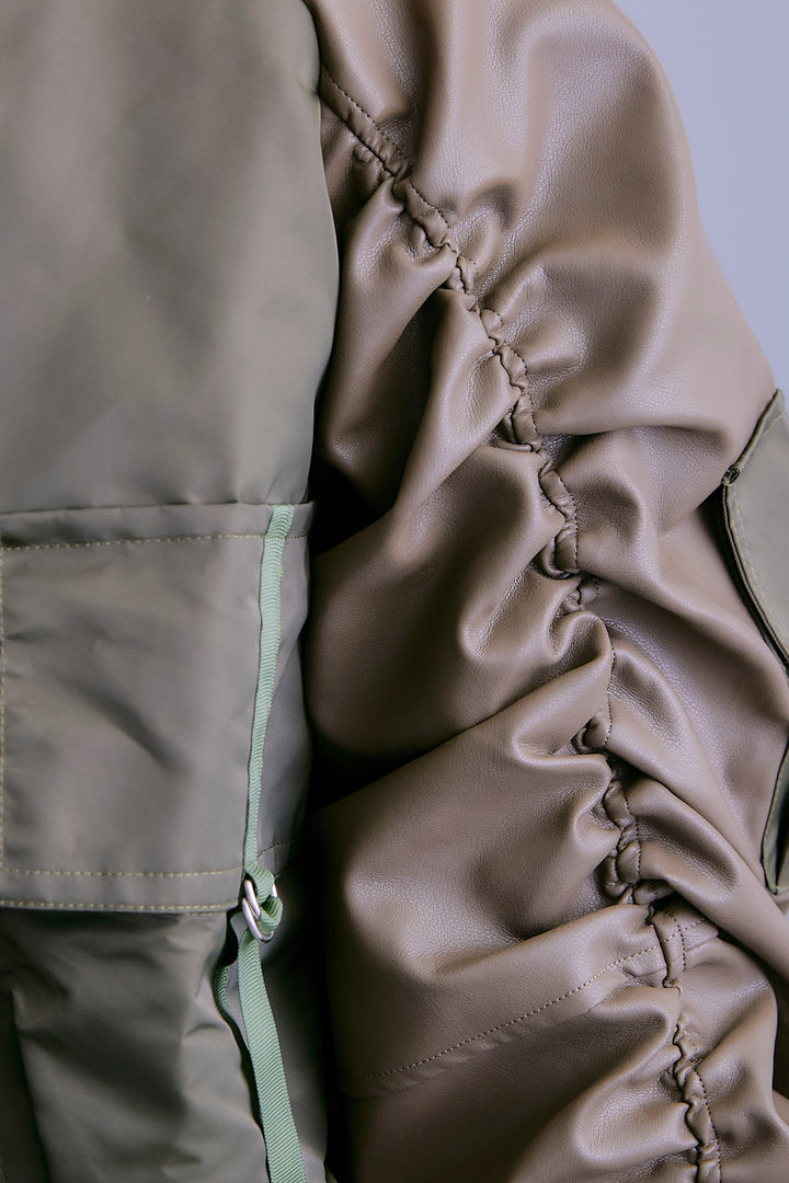 【SET】エコレザーシャーリングスリーブMA-1ブルゾン+ジャガードニットコンビワンピース(2set)