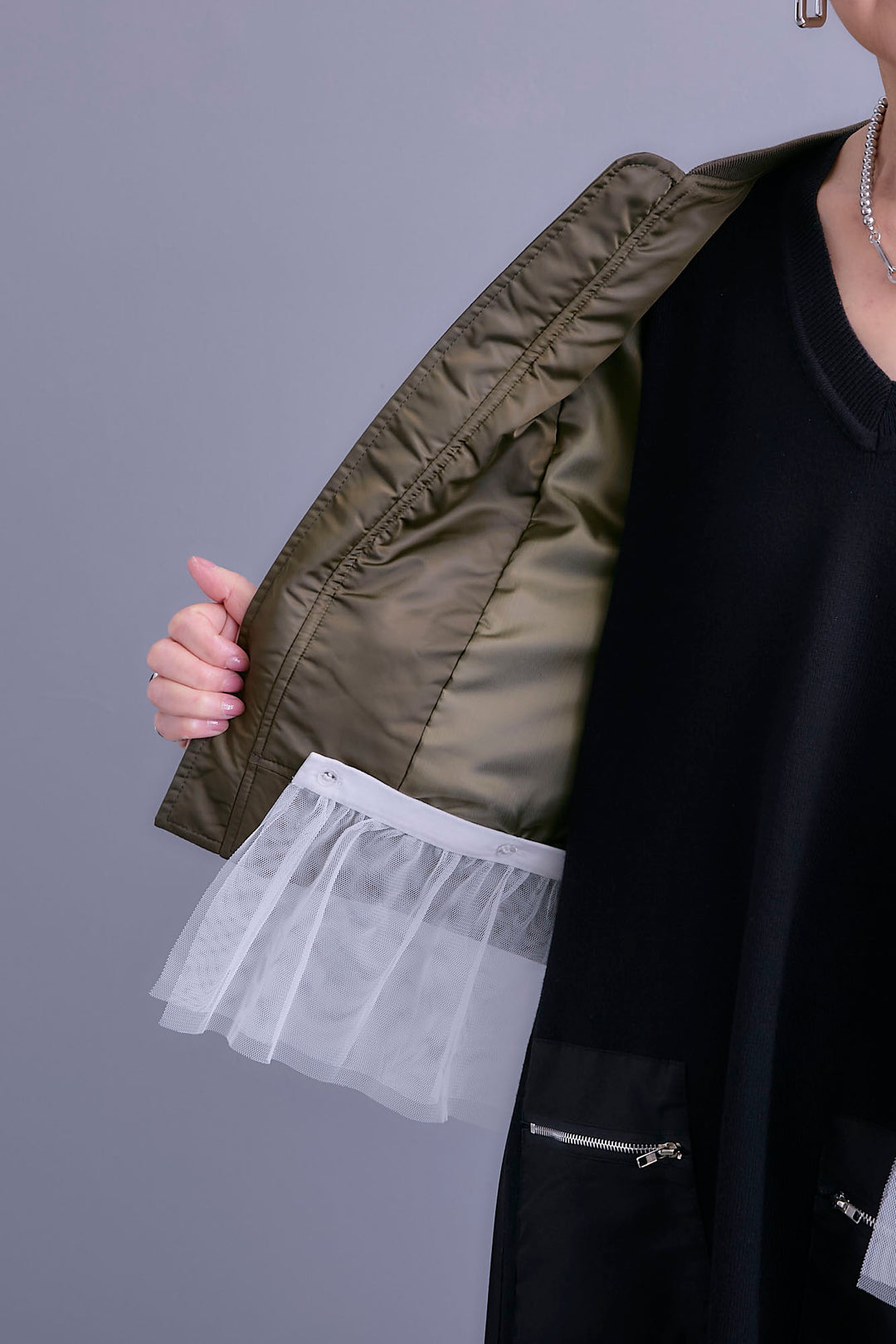 【SET】チュールドッキングナイロンオックスMA-1ジャケット【2WAY】+ZIPポケットサイドプリーツニットワンピース(2set)