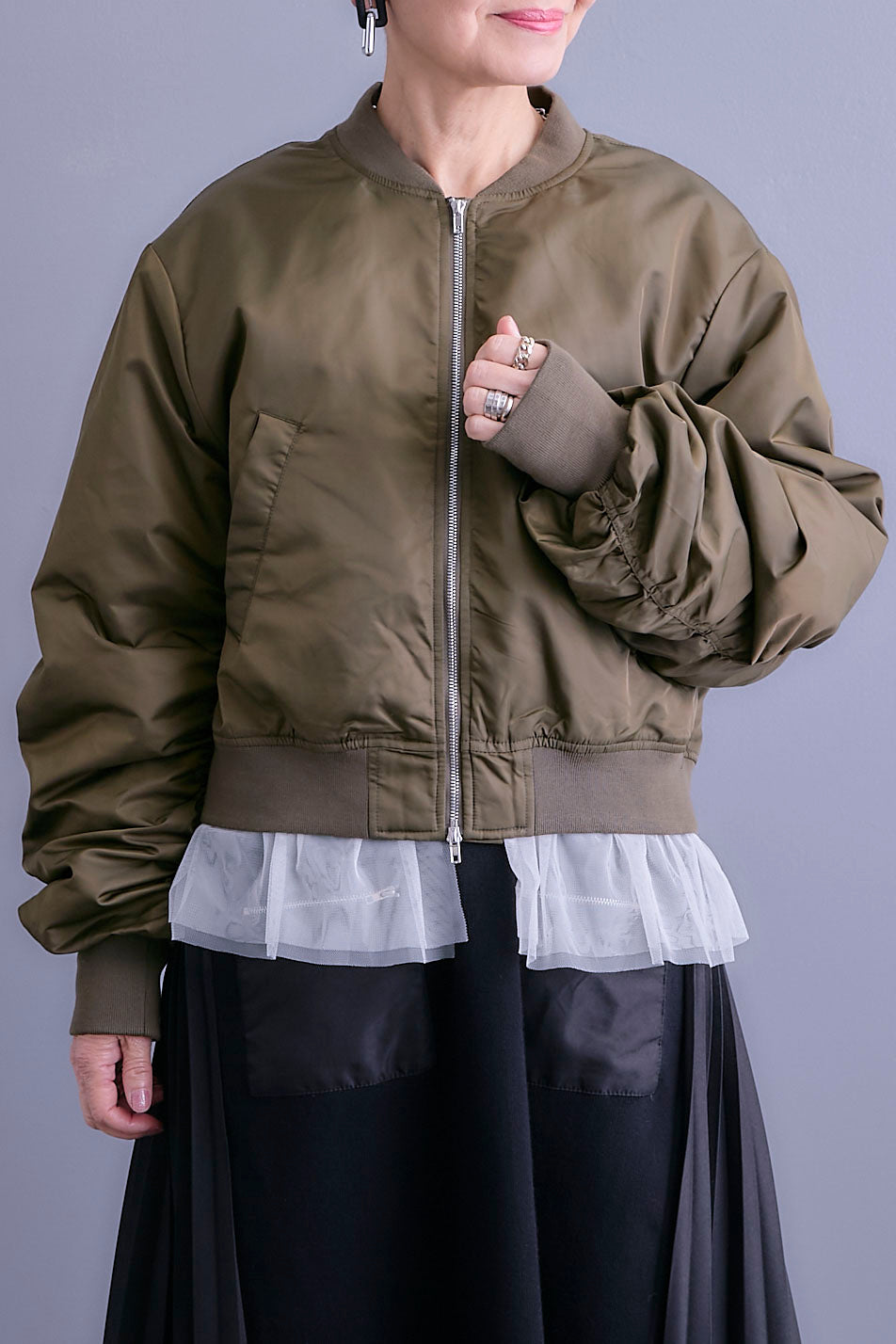 【SET】チュールドッキングナイロンオックスMA-1ジャケット【2WAY】+ZIPポケットサイドプリーツニットワンピース(2set)