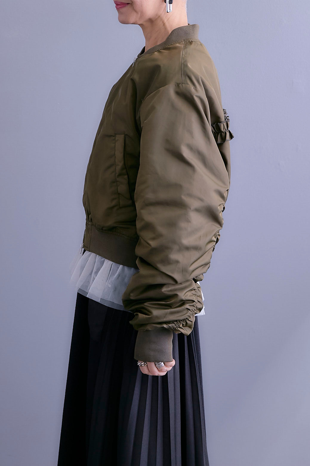 【SET】チュールドッキングナイロンオックスMA-1ジャケット【2WAY】+ZIPポケットサイドプリーツニットワンピース(2set)