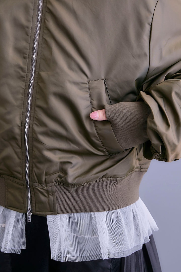 【SET】チュールドッキングナイロンオックスMA-1ジャケット【2WAY】+ZIPポケットサイドプリーツニットワンピース(2set)