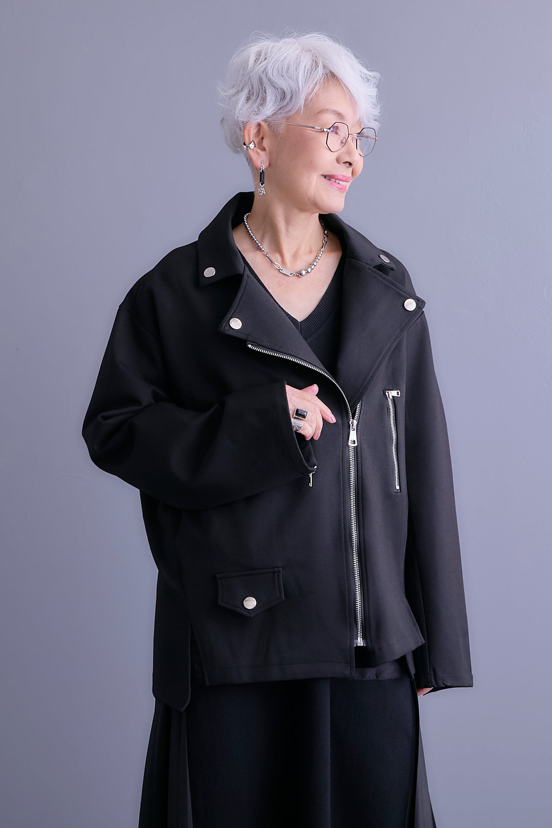 【SET】ライダースデザインジャケット+ZIPポケットサイドプリーツニットワンピース(2set)