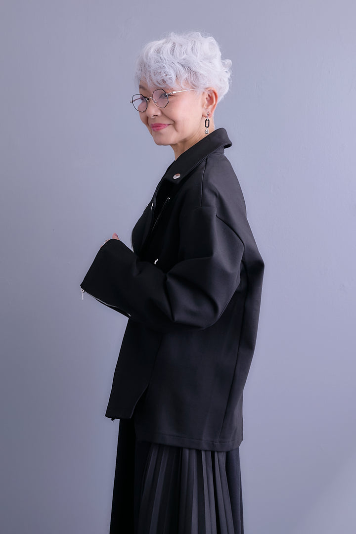 【SET】ライダースデザインジャケット+ZIPポケットサイドプリーツニットワンピース(2set)