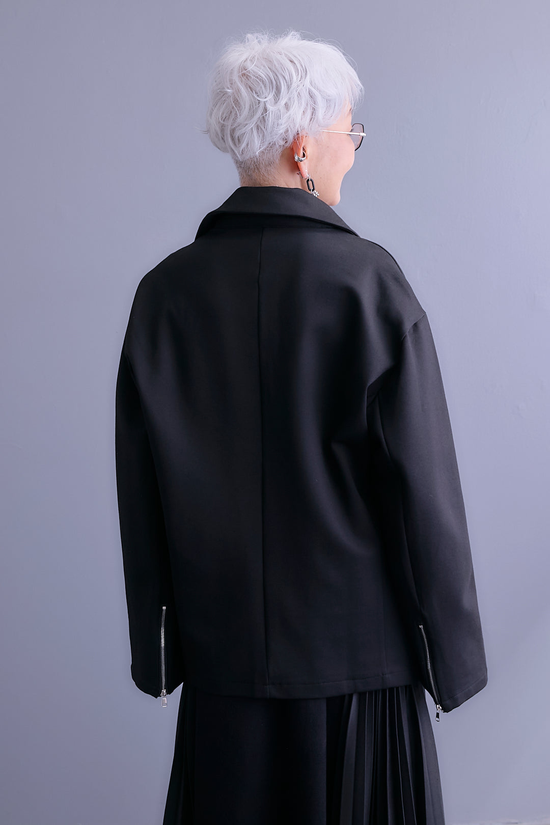 【SET】ライダースデザインジャケット+ZIPポケットサイドプリーツニットワンピース(2set)