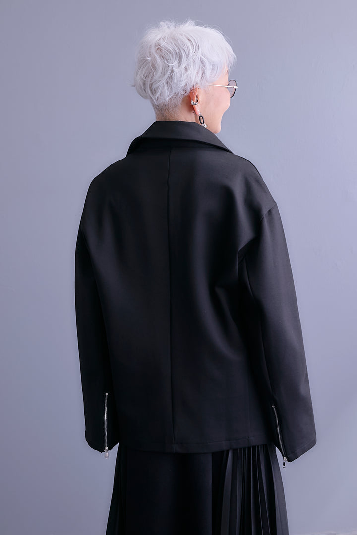 【SET】ライダースデザインジャケット+ZIPポケットサイドプリーツニットワンピース(2set)