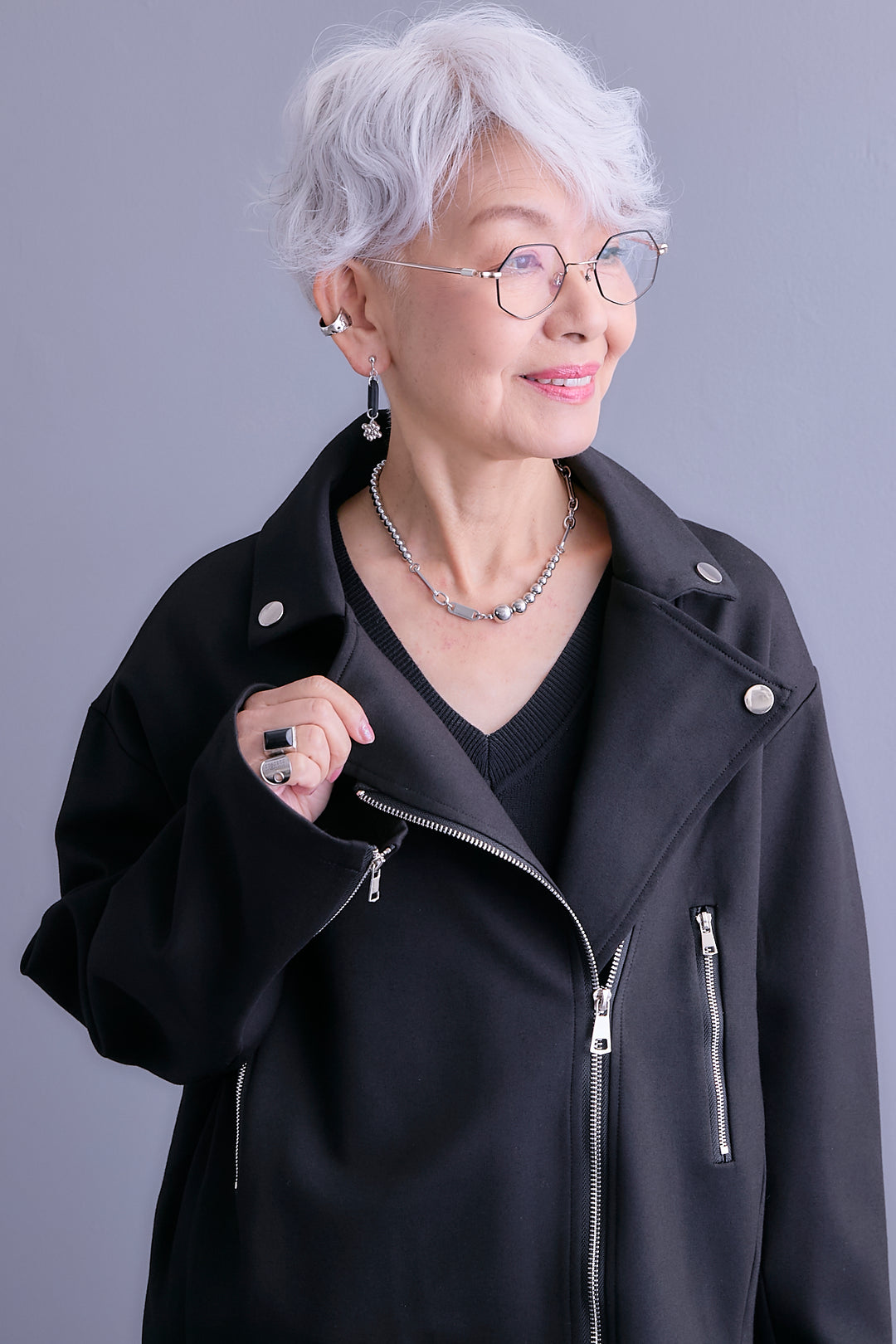 【SET】ライダースデザインジャケット+ZIPポケットサイドプリーツニットワンピース(2set)