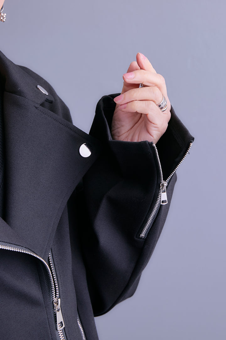 【SET】ライダースデザインジャケット+ZIPポケットサイドプリーツニットワンピース(2set)