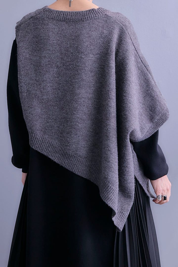 【SET】ケープライクアシンメトリーニットベスト+ZIPポケットサイドプリーツニットワンピース(2set)